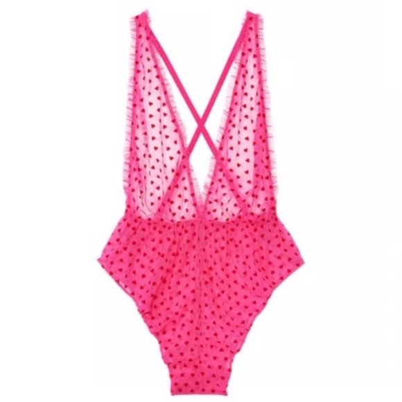 New! Victoria’s Secret Tease Mini Hearts Flocked Mesh Romper 4298 - Picture 1 of 8